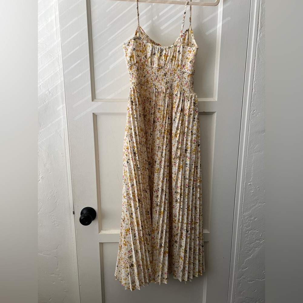 J. Crew yellow white ditzy floral pleated a line midi sun dress pockets 00 EUC - Picture 7 of 14
